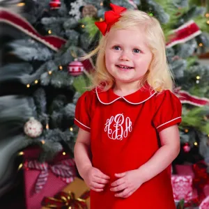 Red Corduroy Dress White Piping Peter Pan Collar