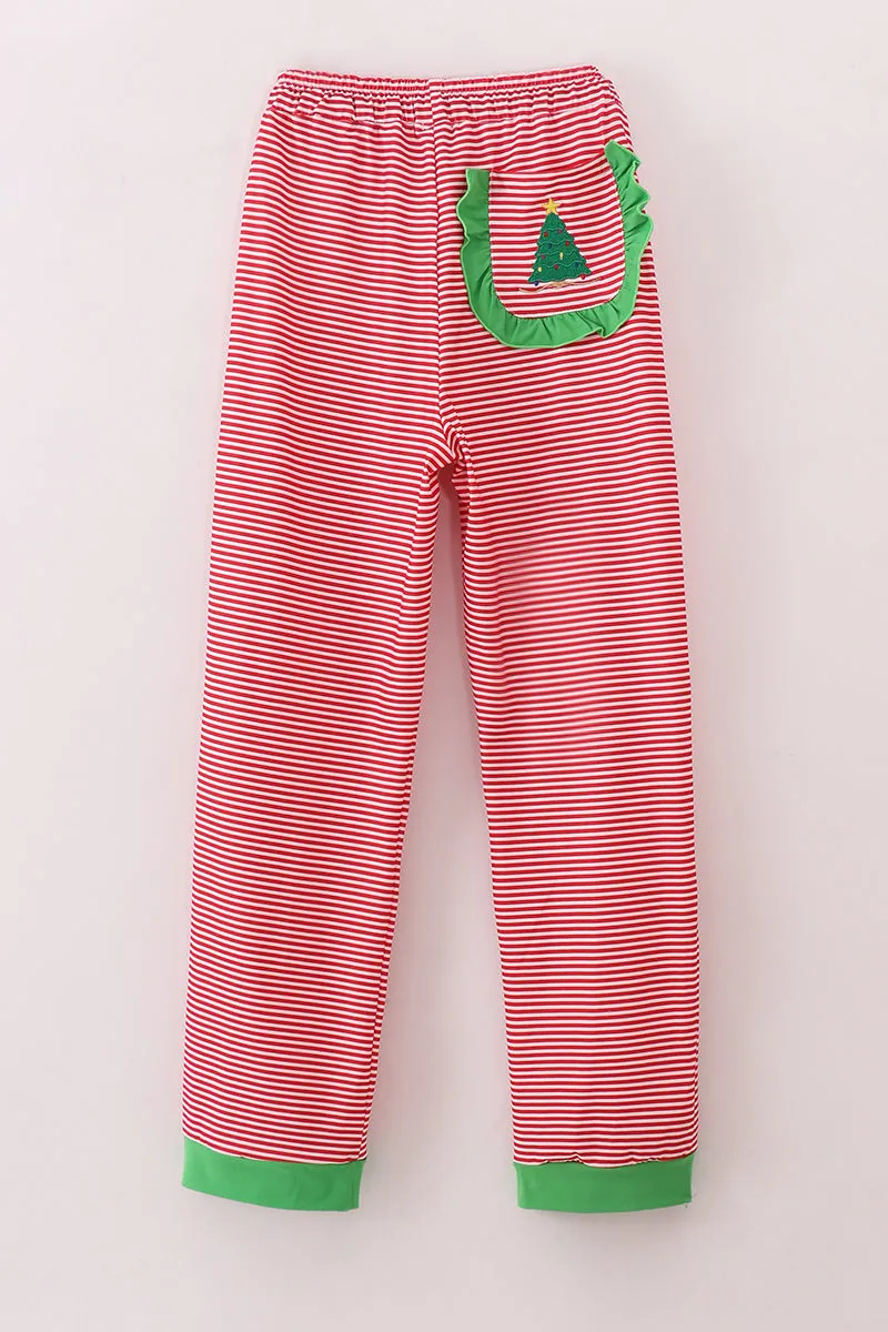 Red Stripe Christmas Tree Embroidery Mom Pajamas Pants