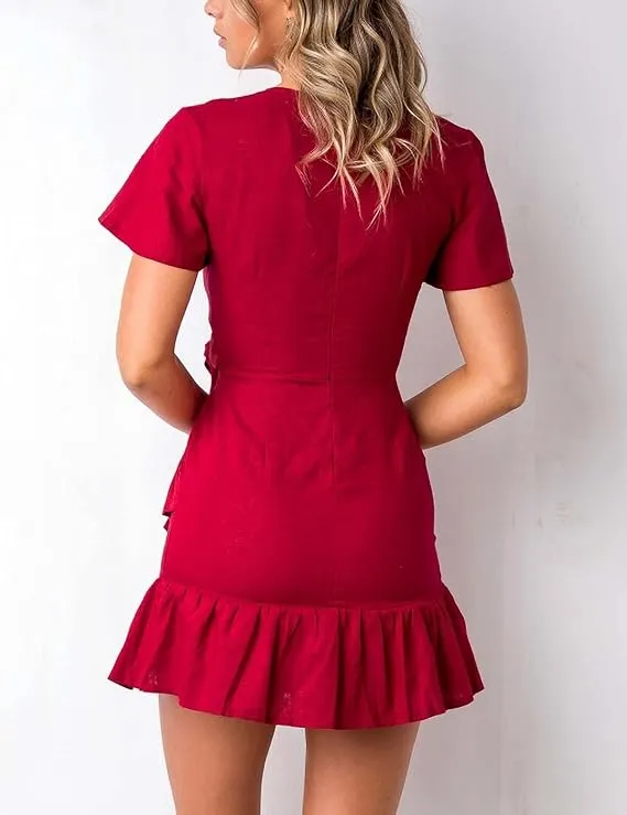 Relipop Summer Women Short Sleeve Print Dress V Neck Casual Short Dresses