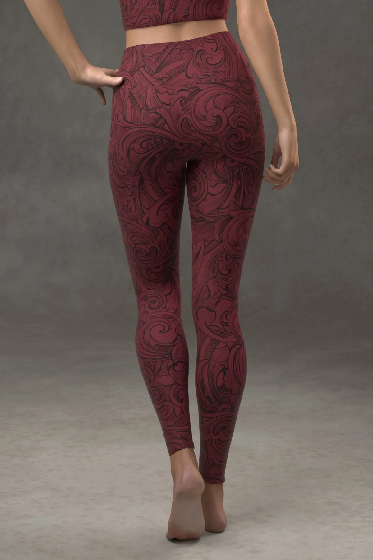 Scrollwork Yoga Leggings: Crimson