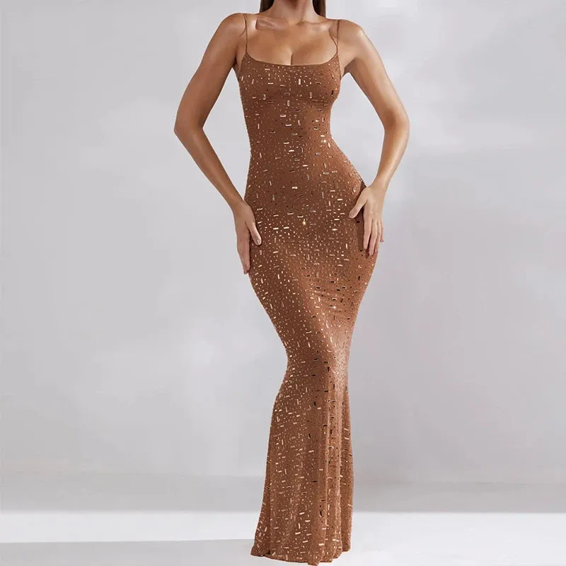 Sequin High Waist Backless Evening Maxi Dress
