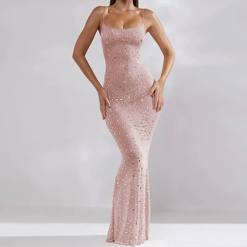 Sequin High Waist Backless Evening Maxi Dress