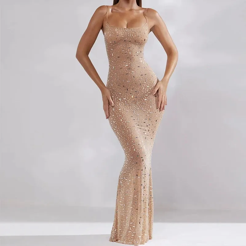 Sequin High Waist Backless Evening Maxi Dress