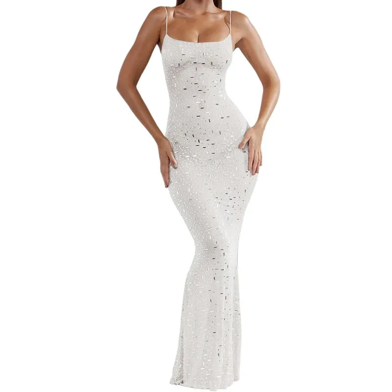 Sequin High Waist Backless Evening Maxi Dress