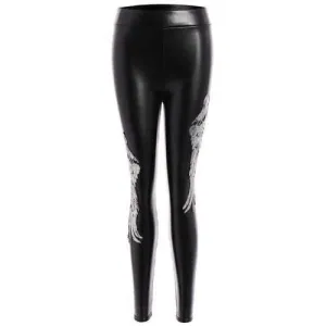 Sequins Wing Beam Feet Faux Leather Leggings - Silver M