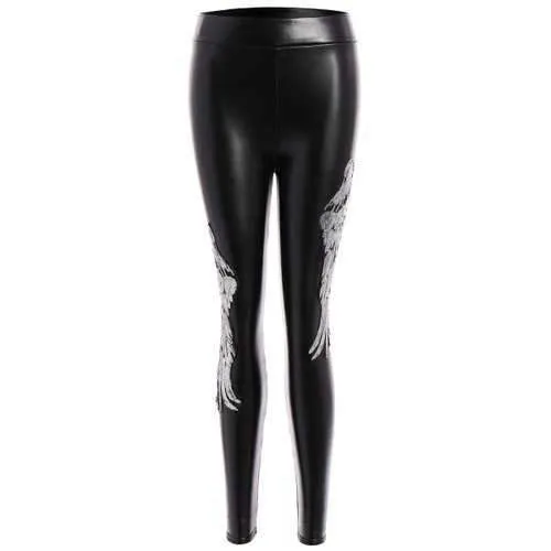 Sequins Wing Beam Feet Faux Leather Leggings - Silver M
