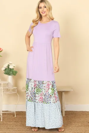 SHORT SLEEVE SOLID COLOR BLOCK FLORAL-LEOPARD HEM MAXI DRESS