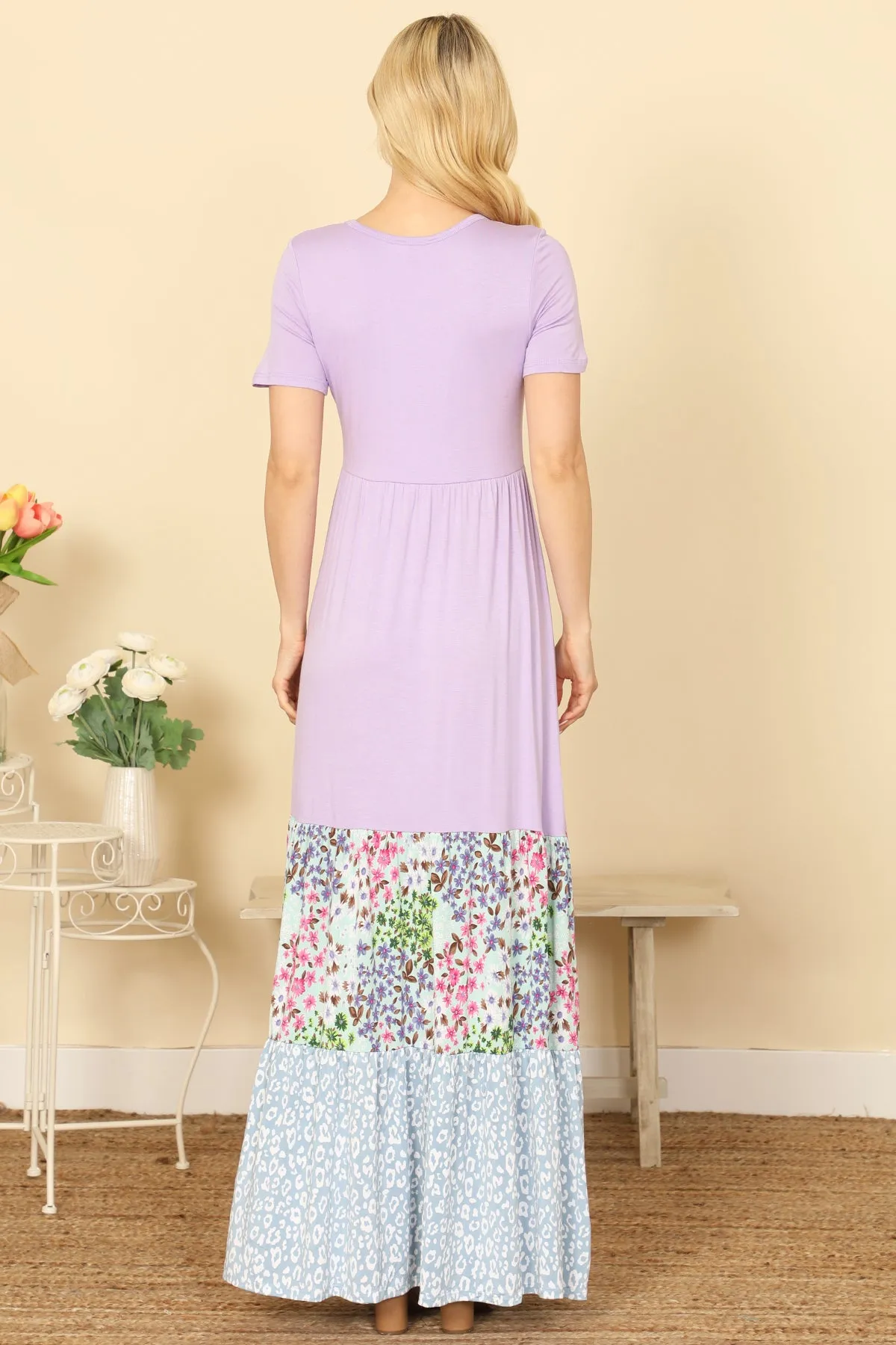 SHORT SLEEVE SOLID COLOR BLOCK FLORAL-LEOPARD HEM MAXI DRESS