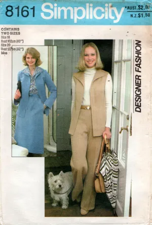 Simplicity 8161 Womens Designer Wide Collar Shirt-Jacket Vest Skirt & Pants 1970s Vintage Sewing Pattern Size 18 & 20 UNCUT Factory Folded