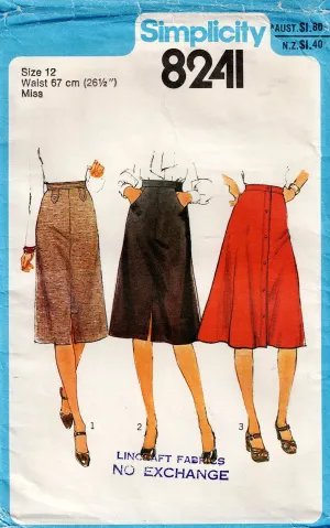 Simplicity 8241 Womens A Line or Button Through Skirts 1970s Vintage Sewing Pattern Size 12 or 14