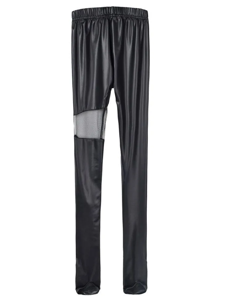 Slim Black Faux Leather Leggings  with Transparent Mesh Splicing