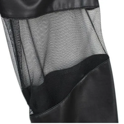 Slim Black Faux Leather Leggings  with Transparent Mesh Splicing