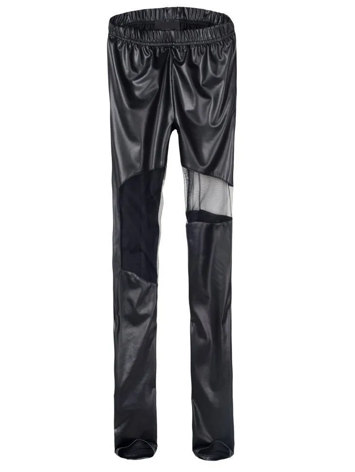 Slim Black Faux Leather Leggings  with Transparent Mesh Splicing