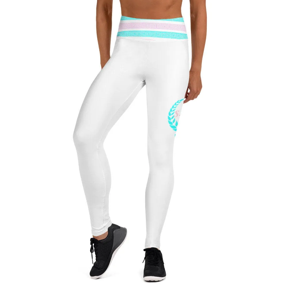 STFU Greek Trim Yoga Leggings - Pink & Blue on White