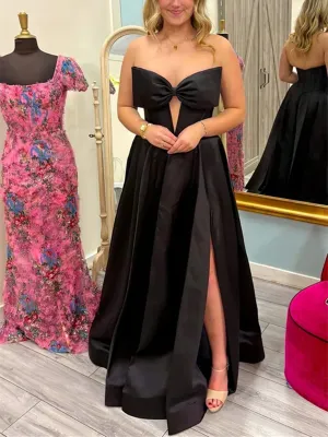 Strapless Backless Black Satin Long Prom Dresses With High Slit ,  Strapless Open Back Black Formal Graduation Evening Dresses