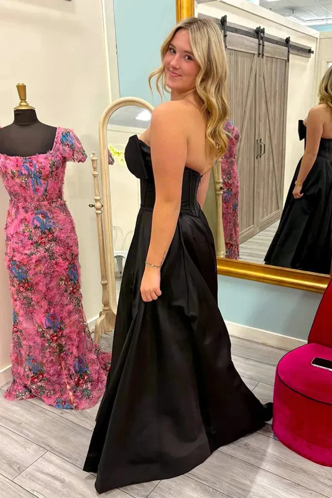 Strapless Backless Black Satin Long Prom Dresses With High Slit ,  Strapless Open Back Black Formal Graduation Evening Dresses