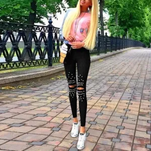 Stretch Cut Holes Beads Decoration Women Pants Skinny High Waist Leggings
