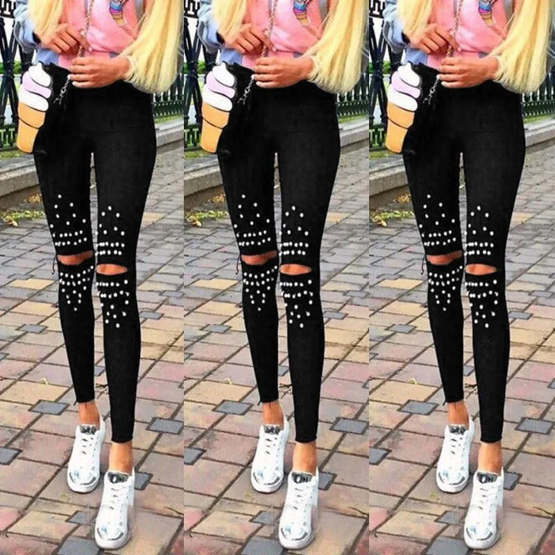 Stretch Cut Holes Beads Decoration Women Pants Skinny High Waist Leggings