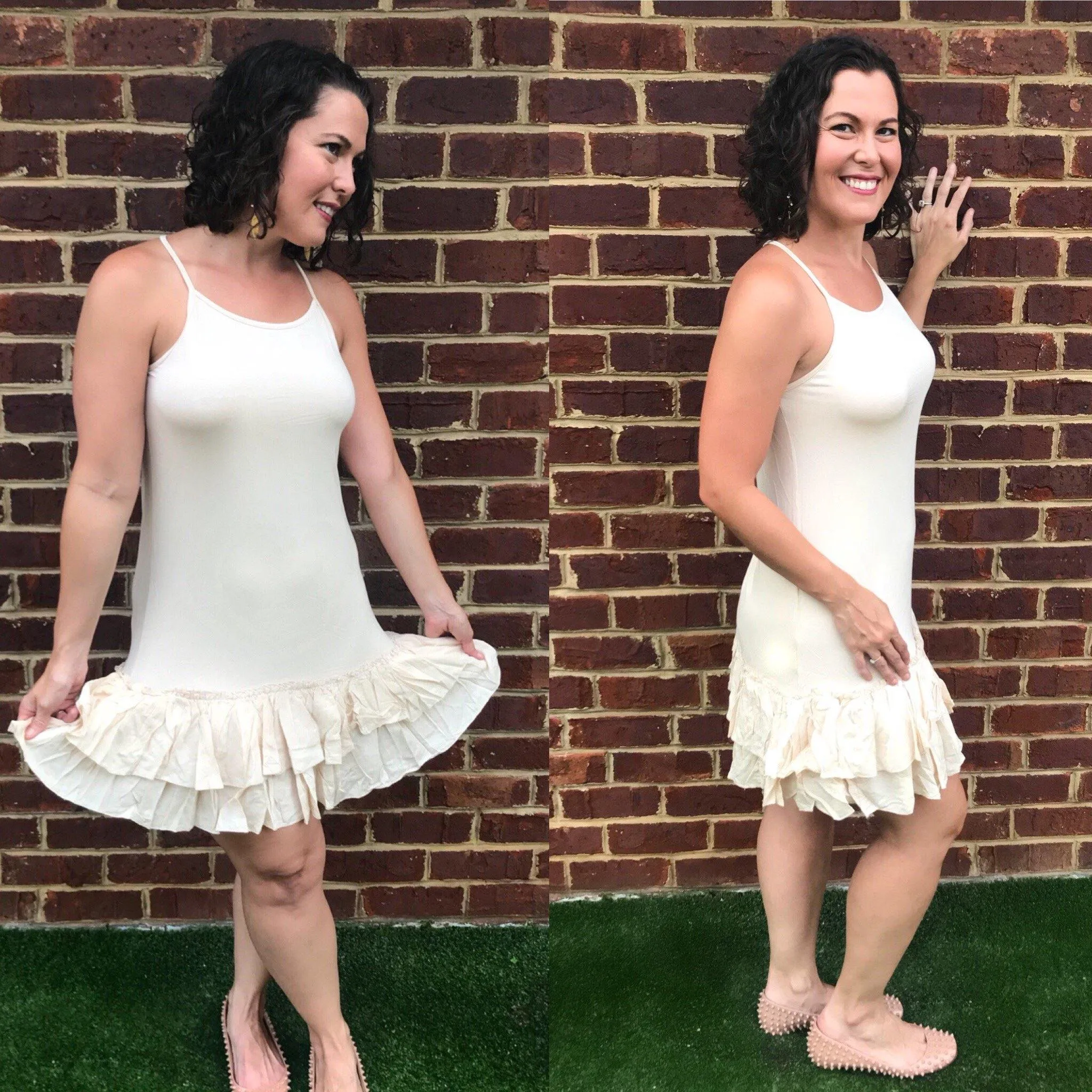 Taupe Beige Layered Double Ruffle Dress Extender Slip