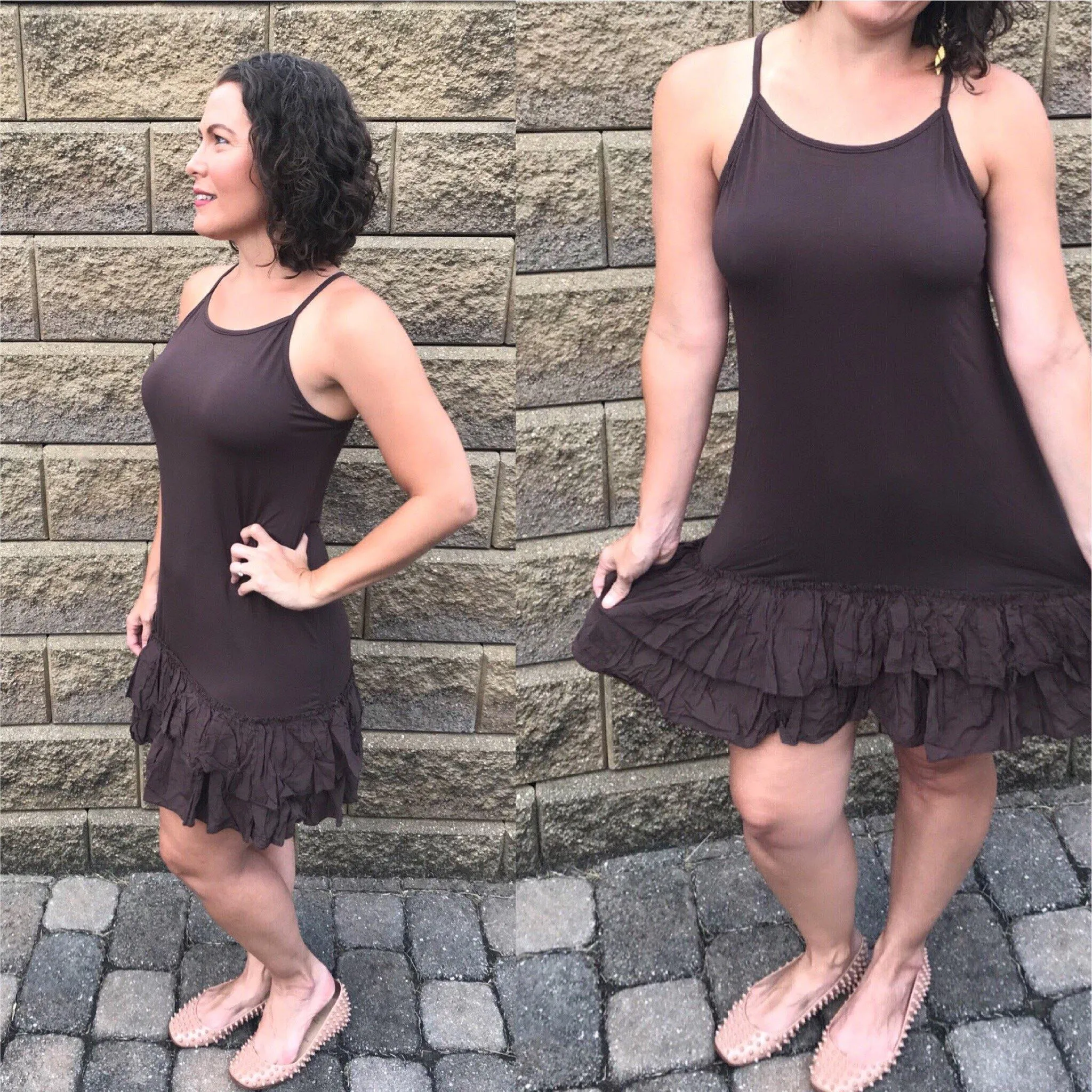 Taupe Beige Layered Double Ruffle Dress Extender Slip