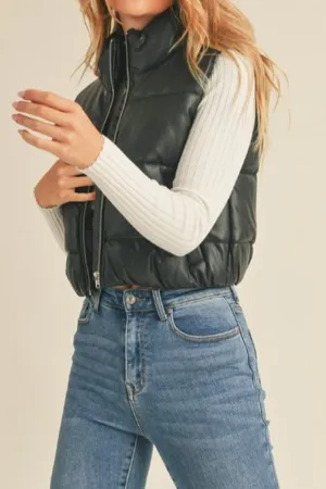 The Alana Cropped Faux Leather Puffer Vest