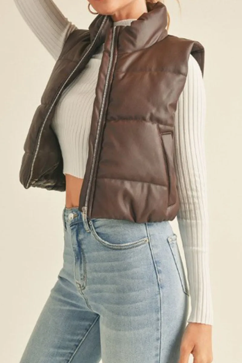 The Alana Cropped Faux Leather Puffer Vest