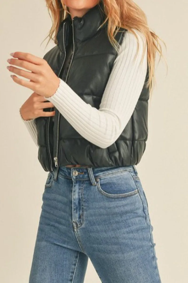 The Alana Cropped Faux Leather Puffer Vest