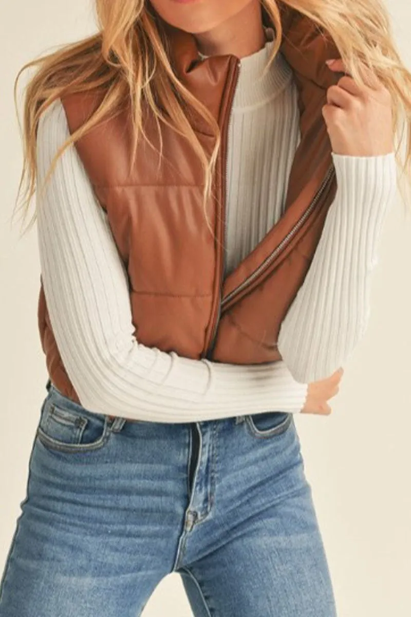 The Alana Cropped Faux Leather Puffer Vest