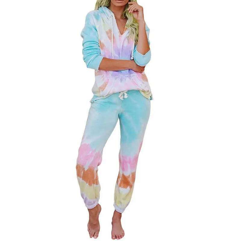 Tie Dye Print Hooded Pajamas Two Piece Sets Long Sleeve