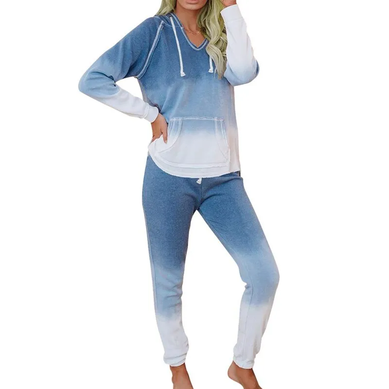 Tie Dye Print Hooded Pajamas Two Piece Sets Long Sleeve