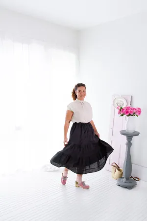TIERED A-LINE MIDI SKIRT (black linen)