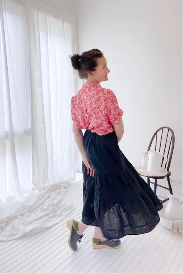 TIERED A-LINE MIDI SKIRT (black linen)