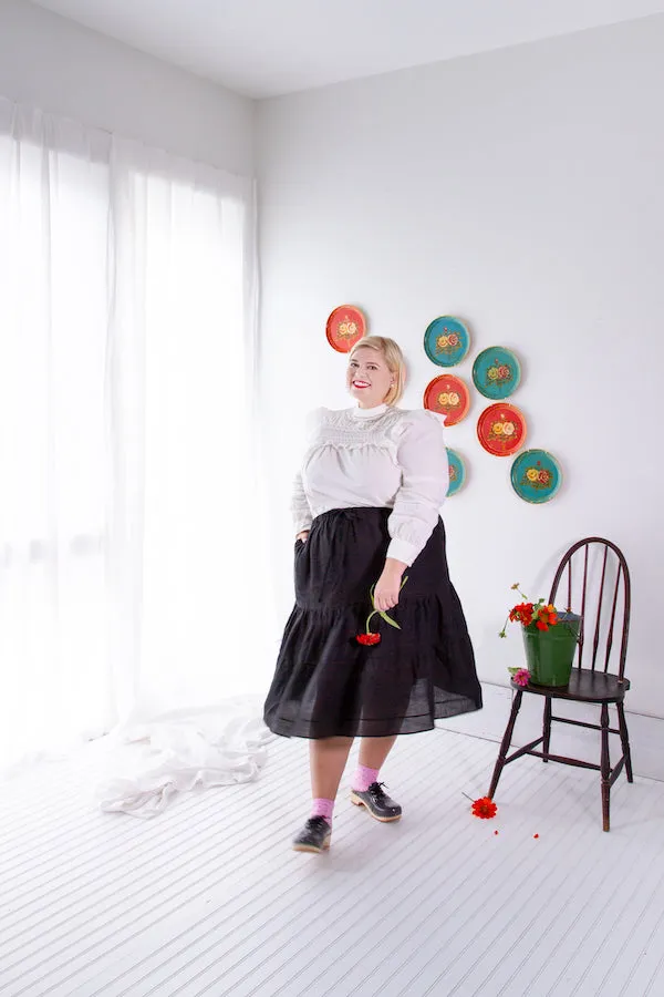 TIERED A-LINE MIDI SKIRT (black linen)