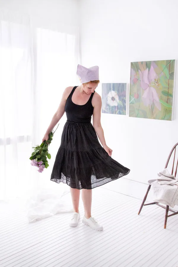 TIERED A-LINE MIDI SKIRT (black linen)
