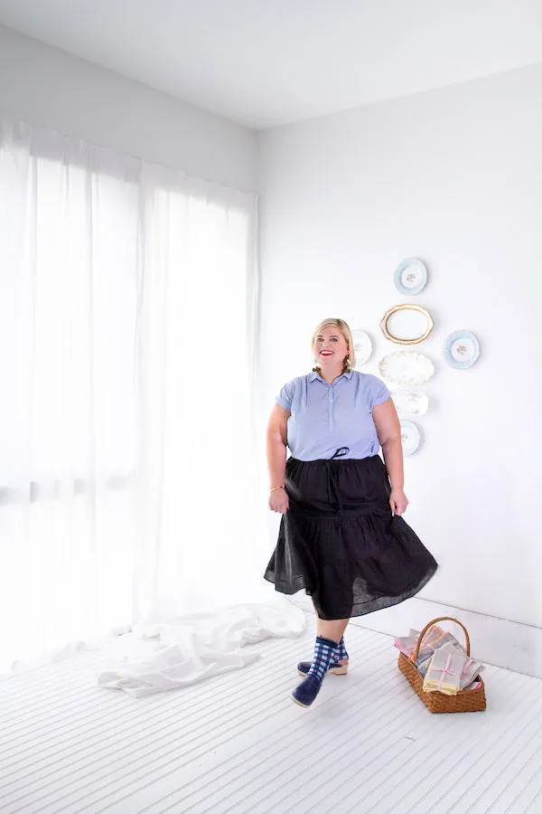 TIERED A-LINE MIDI SKIRT (black linen)