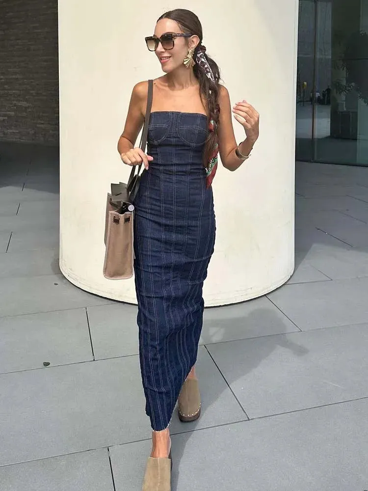 TRAF Summer Backless Denim Midi Party Dress