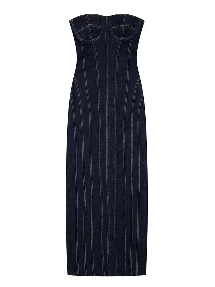 TRAF Summer Backless Denim Midi Party Dress