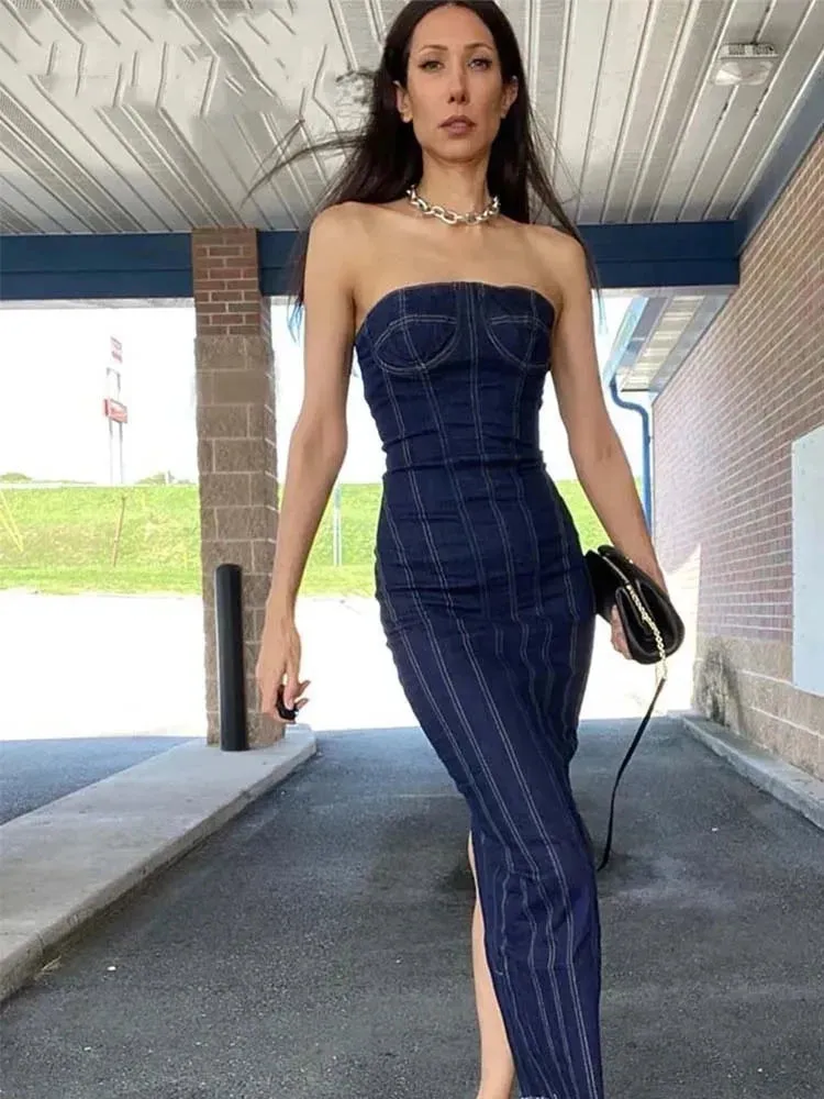 TRAF Summer Backless Denim Midi Party Dress