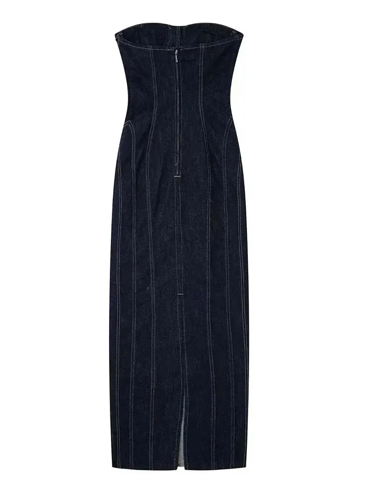 TRAF Summer Backless Denim Midi Party Dress