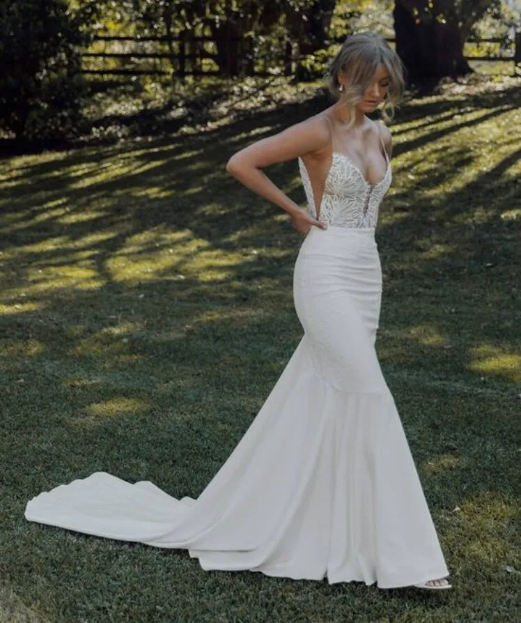 V Neck Open Back Soft Italian satin Bridal Gowns