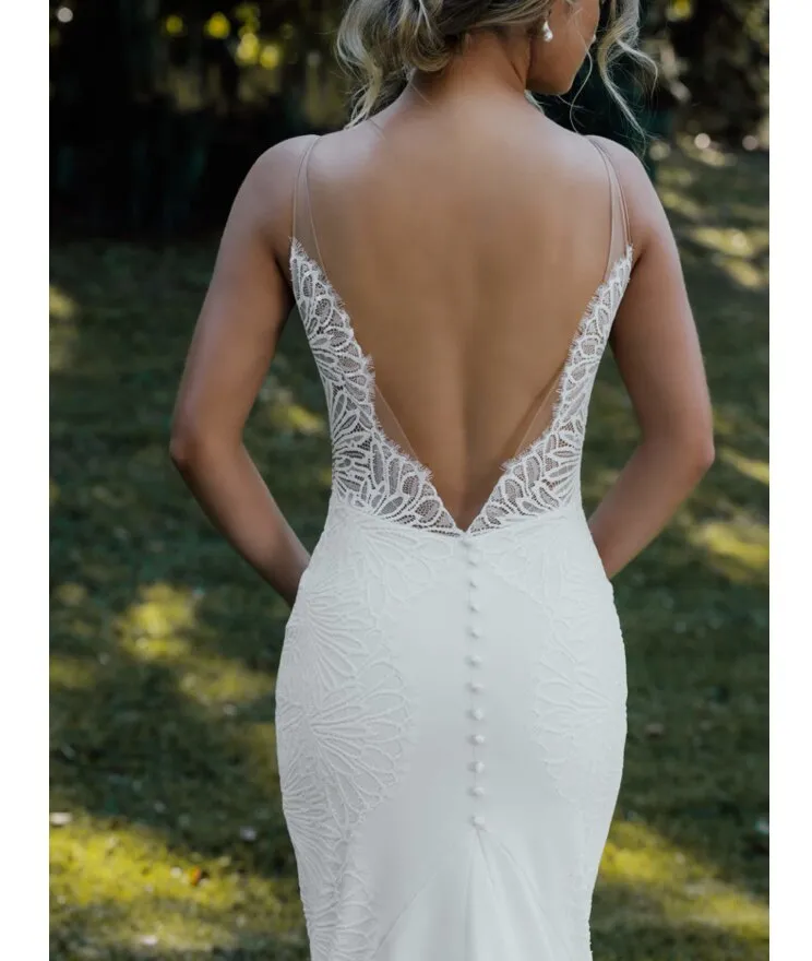V Neck Open Back Soft Italian satin Bridal Gowns