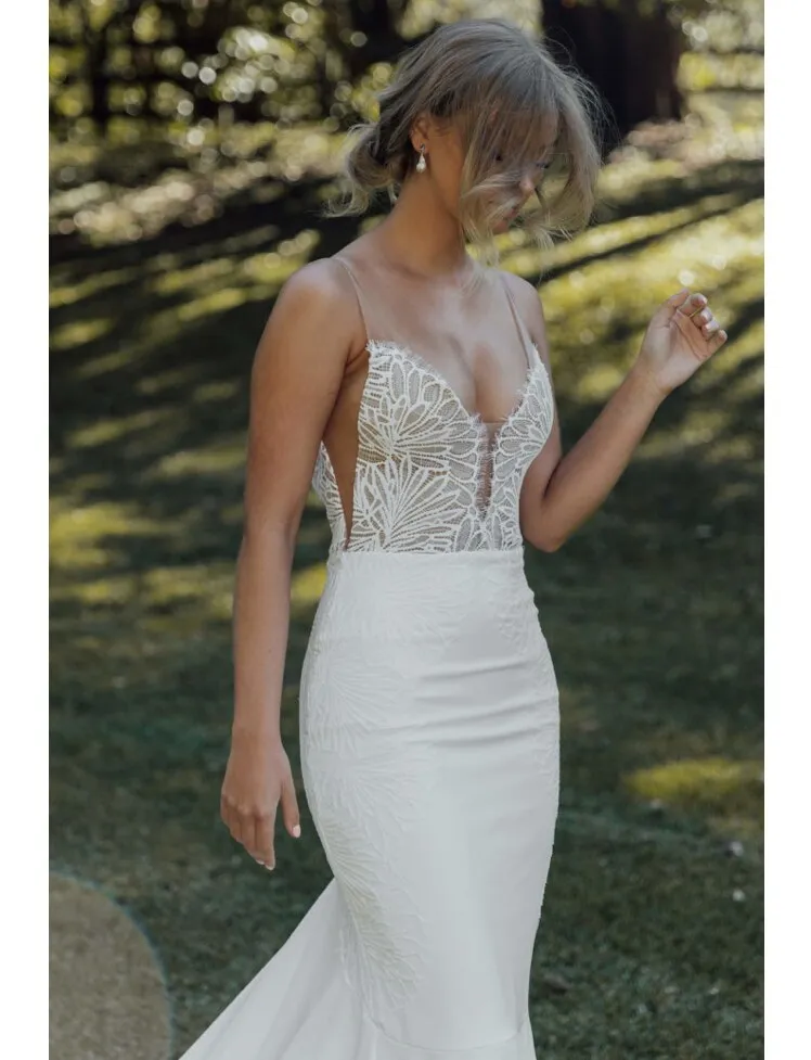 V Neck Open Back Soft Italian satin Bridal Gowns