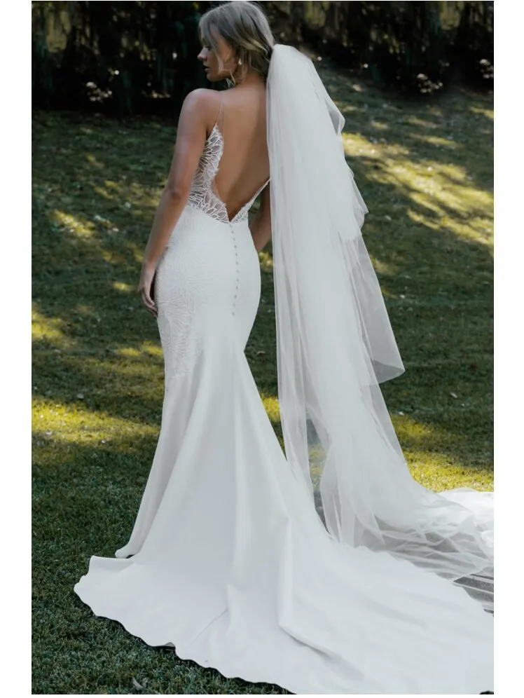 V Neck Open Back Soft Italian satin Bridal Gowns