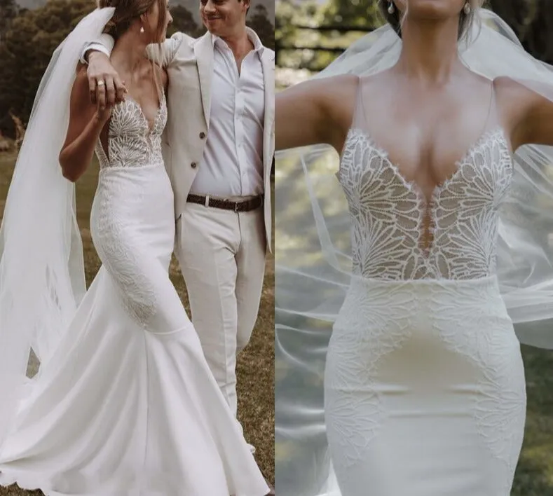 V Neck Open Back Soft Italian satin Bridal Gowns