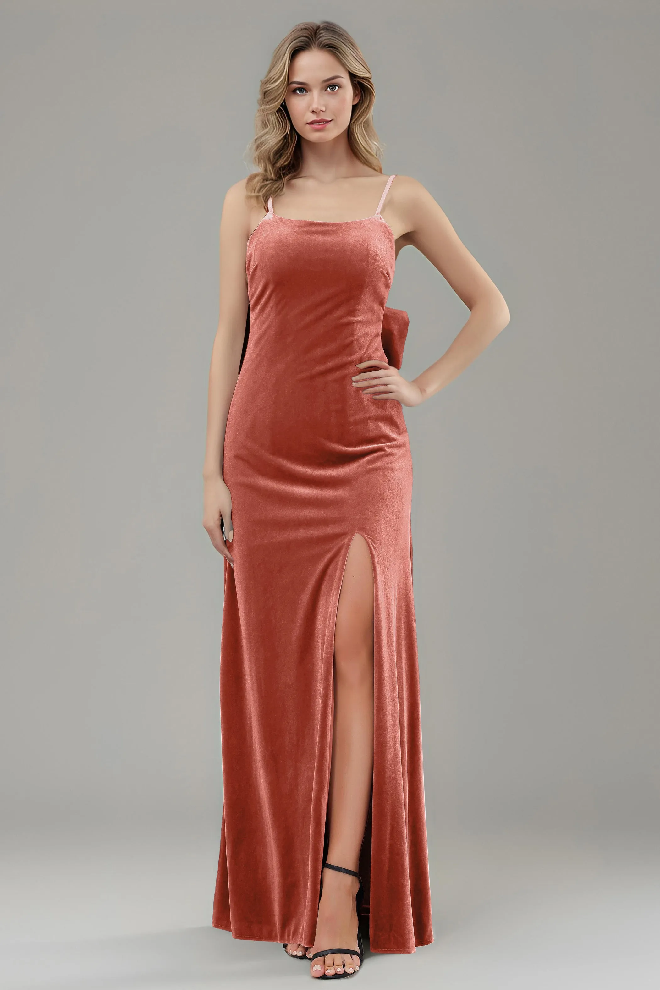 Velvet Spaghetti Straps Backless Bridesmaid Dresses with Bowknot