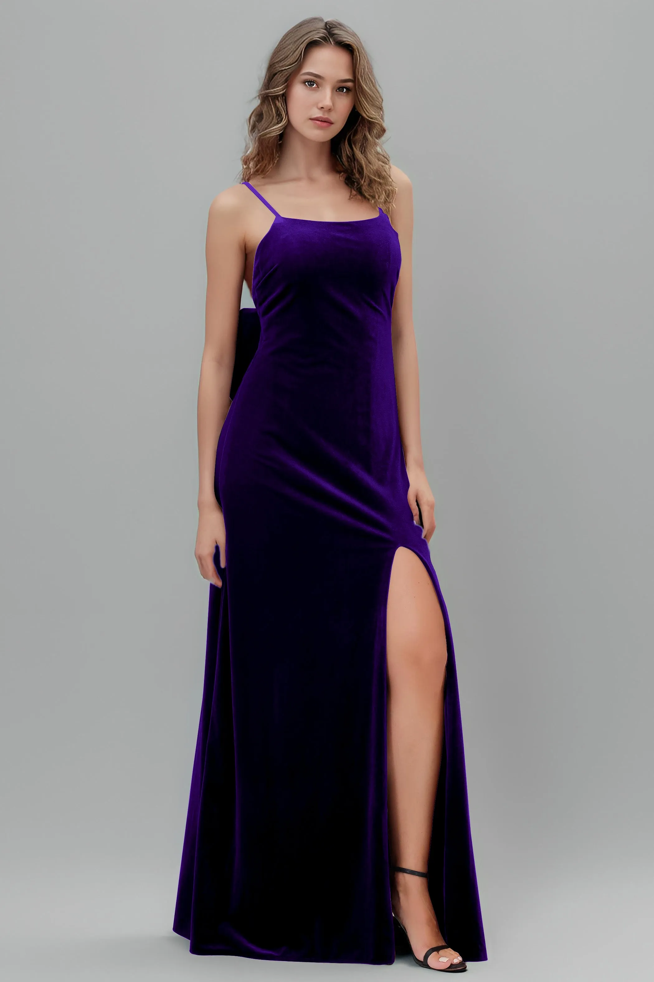 Velvet Spaghetti Straps Backless Bridesmaid Dresses with Bowknot