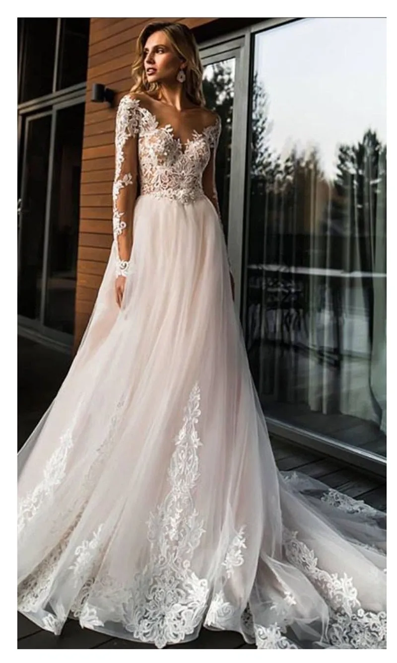 vestido de novia White Ivory Tulle Wedding Dress Open Back A Line Bride Wedding Gowns Long Sleeves Lace Applique Bridal Dresses