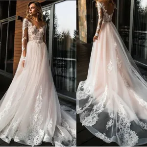 vestido de novia White Ivory Tulle Wedding Dress Open Back A Line Bride Wedding Gowns Long Sleeves Lace Applique Bridal Dresses