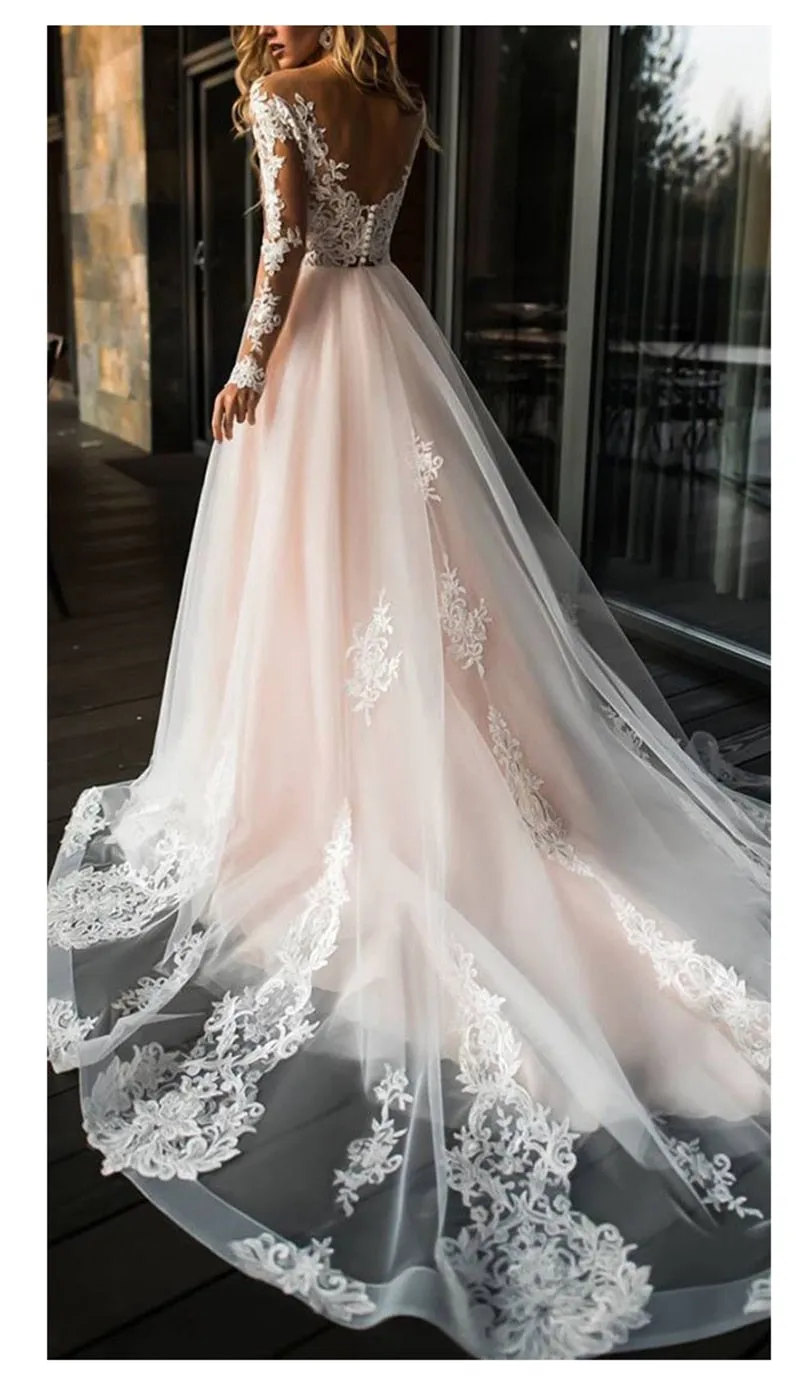 vestido de novia White Ivory Tulle Wedding Dress Open Back A Line Bride Wedding Gowns Long Sleeves Lace Applique Bridal Dresses