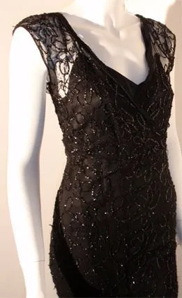 VINTAGE Circa 1930s 2 pc Black Sequin Gown with Silk Slip Dress